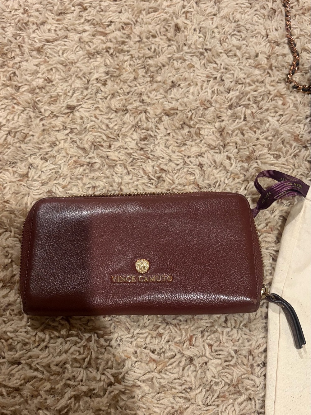 Vince Camuto Deep Wine Leather Zip-Around Wallet with Gold Logo